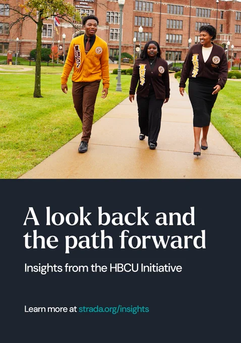 In white and teal, text says A look back and the path forward, insights from the HBCU Initiative. Learn more at strada.org/insights. There are three students in college uniforms walking towards the camera. 