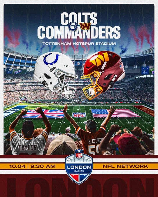 Graphic that announces our London matchup: Colts vs. Commanders, 10/4, 9:30am on NFL Network.