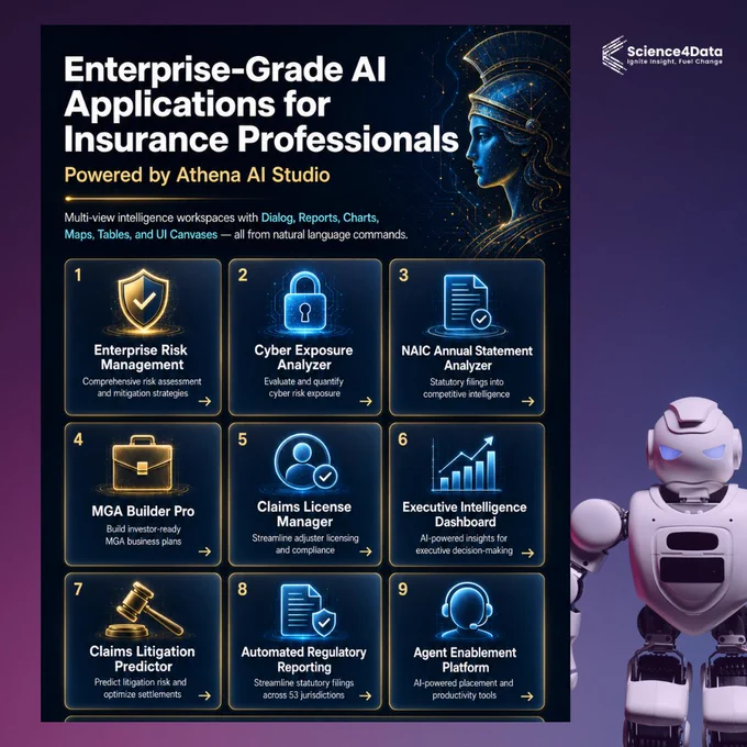 Powered by Athena AI Studio
, these enterprise-grade applications help insurers transform regulatory filings, claims workflows, cyber exposure, licensing, litigation risk, and executive intelligence into actionable decisions  all through natural language commands.

From NAIC analysis and MGA business planning to automated regulatory reporting and AI-powered dashboards, the platform is built to reduce manual work, accelerate analysis, and deliver real-time intelligence at scale.