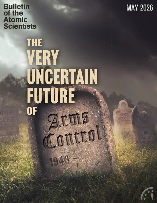 A tombstone labeled "Arms Control 1946–" stands in a graveyard under a cloudy sky, illustrating uncertainty about the future of arms control. Text reads: "The Very Uncertain Future of Arms Control." Cover design by Thomas Gaulkin