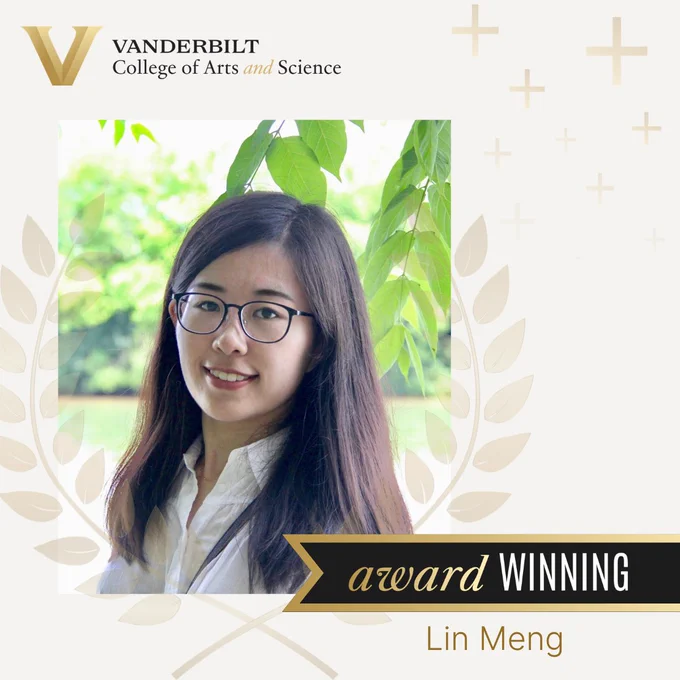 Smiling woman, text: award winning Lin Meng