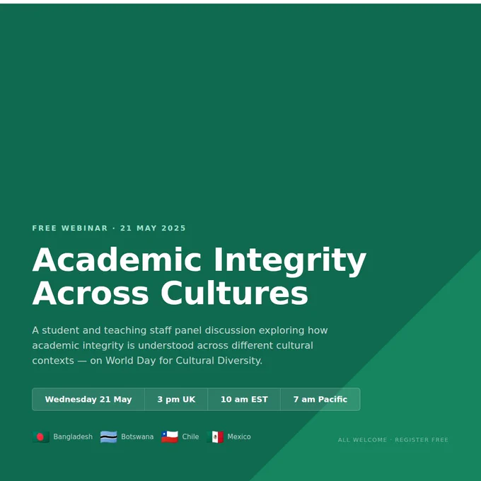 A promotional graphic for a free webinar on academic integrity across cultures, scheduled for May 21, 2025. The event is part of World Day for Cultural Diversity.