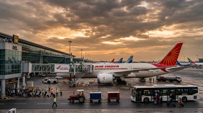 Air India international aircraft parked at a busy airport terminal during evening operations as travelers monitor possible flight schedule changes and international travel disruptions in 2026. The image reflects growing concerns around airline route adjustments, delayed departures, operational pressure, airspace restrictions, rising aviation fuel costs, and dynamic international flight schedules. Ground crew members, airport vehicles, boarding gates, and passengers are visible near the aircraft, highlighting active airline operations despite online rumors about international flight cancellations. The scene represents modern aviation challenges affecting global carriers, including Air India, while emphasizing that international flights continue operating with selective schedule adjustments and route planning changes worldwide