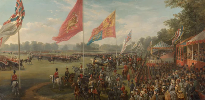 The Review was held in Windsor Great Park during Shah Násir-ed-dín’s State Visit. The Times newspaper reported that ‘such a noble and beautiful parade ground is not to be found in all Europe’ but said that the Shah had a ‘tired and rather deserted air’. In the painting the Shah is on horseback, in front of Queen Victoria’s carriage, which has drawn up between the Royal Standard and the Royal Persian Standard. In the carriage with the Queen are the Princess of Wales and the Tsarevna. The Household Cavalry is passing in front of the royal party. The Prince of Wales is on horseback in the uniform of Colonel-in-Chief of the Rifle Brigade next to the carriage, and the Duke of Cambridge is near the Shah. Stands were erected for a large crowd of spectators, and can be seen on the right of the picture. Signed and dated: N. Chevalier. 1877.

https://www.rct.uk/collection/search#/4/collection/402007/the-review-in-windsor-great-park-in-honour-of-the-shah-of-persia-24-june-1873