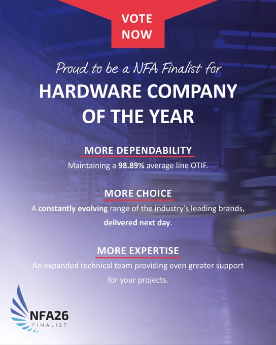 Window Ware shares NFA finalist announcement for Hardware Company of the Year highlighting 98.89% on-time delivery and next-day brand availability.