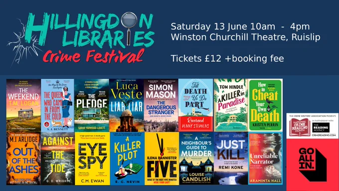 16 book covers from authors attending the crime festival. 
