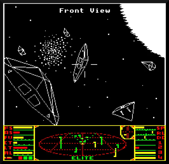 Classic space scene in BBC Elite (Acornsoft, 1984). Included in this scene are:
2 x Cobra Mk III ships
2 x Sidewinder ships
1 x Python ship
1 x Mamba ship