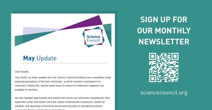 Screengrab of the intro paragraph of the May newsletter on the left. Text to the right reads, 'Sign up for our monthly newsletter' with a QR code and sciencecouncil.org.