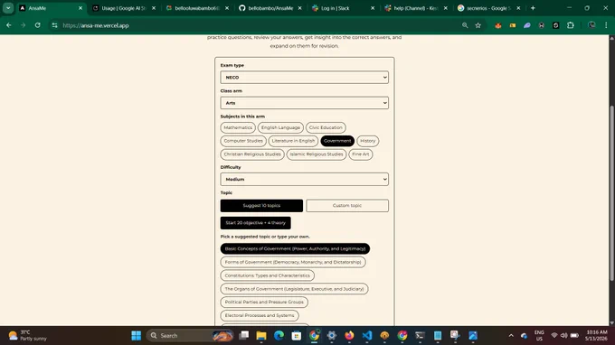 Students Select their class arm (department) and subject they want to practice, we use Gemma 4 to suggest practice topics or students can input a custom topic