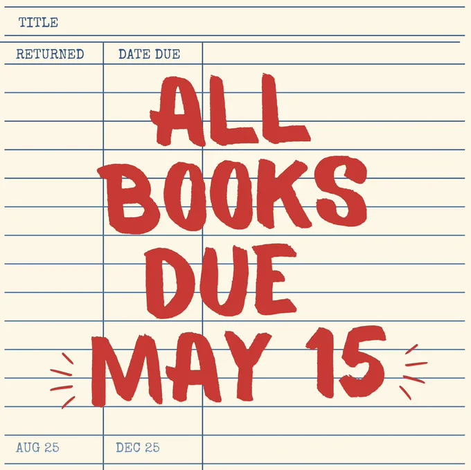 All books due May 15, shown on library checkout card.