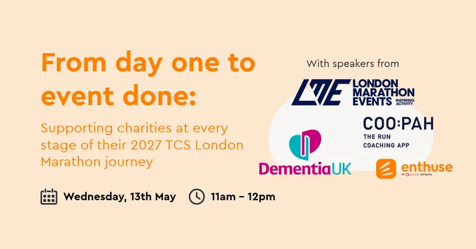 light orange background with text and logos in the foreground promoting the webinar on the 2027 london marathon journey