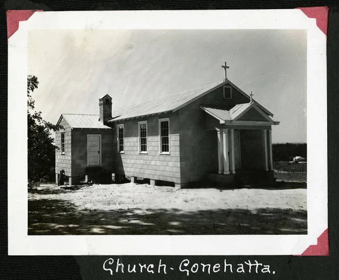 From the Roman Catholic Diocese of Jackson Bishop R. O. Gerow Collection. A photograph of St. Catherine Catholic Church in Conehatta, MS, 1939.