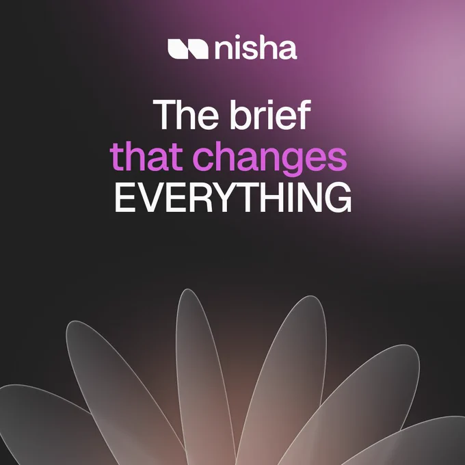 Bold white and purple text announces a transformative brief, set against a dark background with abstract floral shapes at the bottom.
