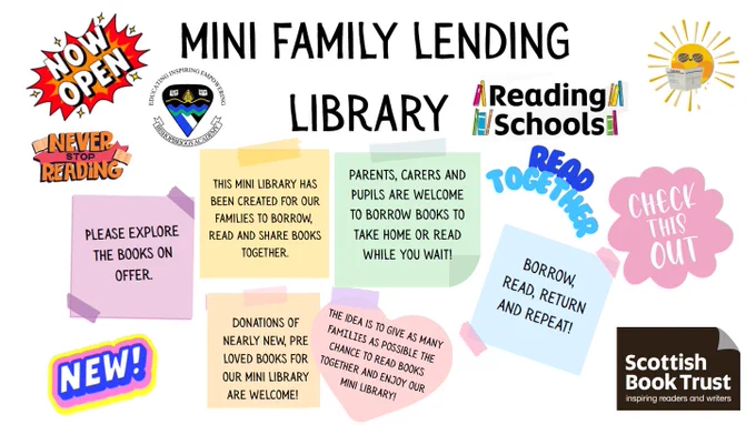 Our new mini family lending library is now open! 📚🤩🎉

This mini library has been created for our families to borrow, read and share books together.  Parents, carers and pupils are welcome to borrow books to take home and read together or read while you wait!  There is a wide variety of reading material available for every age group, including family health and wellbeing titles and adult fiction.    Please feel free to explore and borrow! 