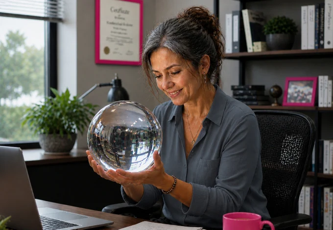 Woman looking into crystal ball as AI is the crystal ball you can look in to to see things you otherwise couldn’t