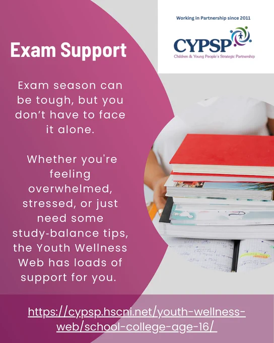 A graphic titled “Exam Support.” On the left, white text on a purple background explains that exam season can be difficult and encourages students to seek help from the Youth Wellness Web for stress, overwhelm, or study‑balance support. A link to the website appears at the bottom. On the right, there is a person holding a stack of books, and the CYPSP logo is shown in the top corner