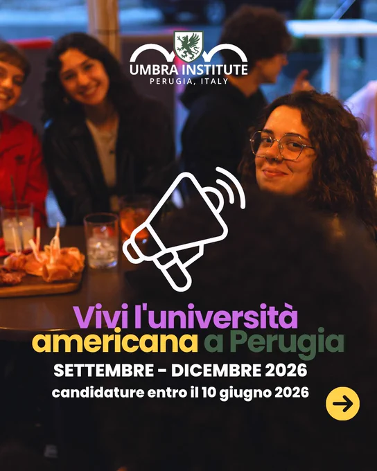A group of friends enjoying drinks at a table with a promotion for the Umbra Institute in Perugia, Italy. The image has a warm and inviting atmosphere with text overlay about an American university experience.