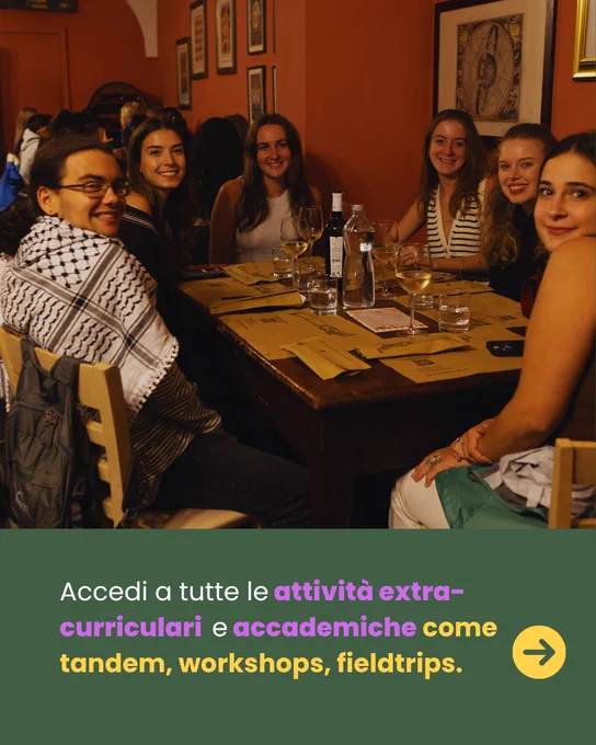 A group of six people smiling at a dining table in a warmly lit restaurant. Text overlay promotes extracurricular activities.