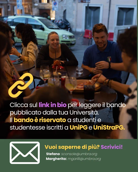 A group of students enjoying an outdoor evening at a café, engaging in conversation and drinks. The image promotes a university opportunity with contact information provided.