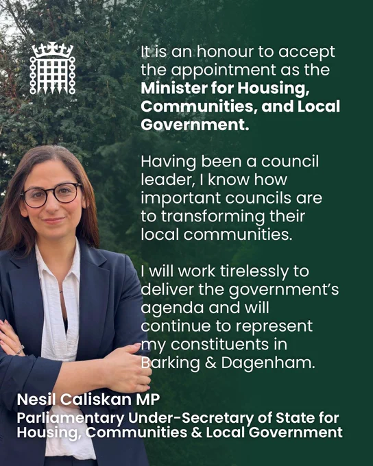 A green graphic announcing Nesil Caliskan MP as the Parliamentary Under-Secretary of State for Housing, Communities & Local Government.