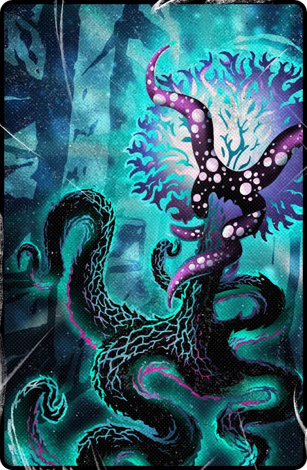 Digital painting of the final Crypt Stalker creature: an otherworldly, bioluminescent horror with a coral‑like head, four twisted vein‑covered tentacles, and a sickly glowing light. It floats in a dark crypt, radiating a poisonous, paralysing aura