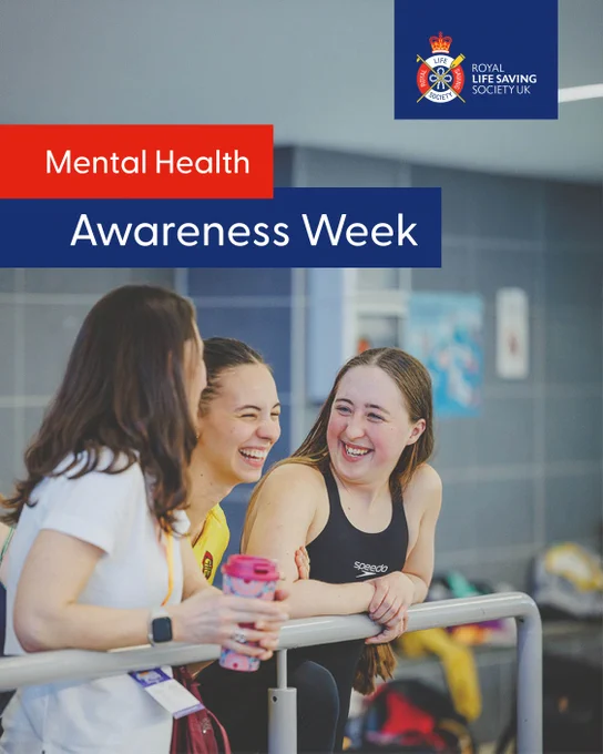 Three people laughing together by a poolside, with one holding a pink drink container. The image promotes "Mental Health Awareness Week" and features the logo of the Royal Life Saving Society UK.