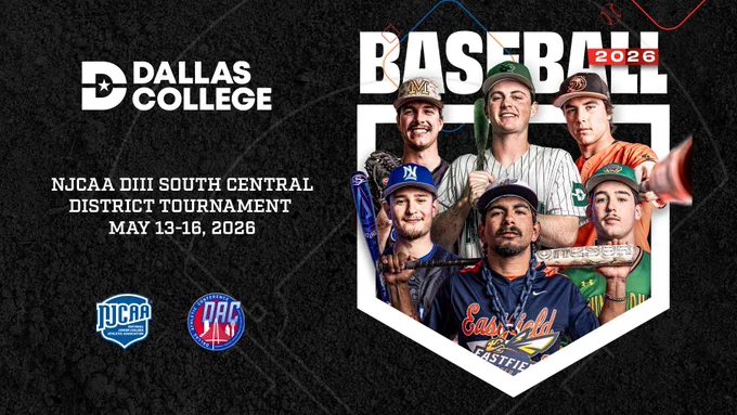 Dallas College baseball players featured on NJCAA Division III South Central District Tournament program promo.