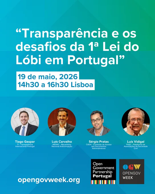 Imagem promocional com fundo em tons de azul e verde. O texto principal diz: “Transparência e os desafios da 1ª Lei do Lóbi em Portugal”. O evento realiza-se a 19 de maio de 2026, das 14h30 às 16h30, em Lisboa. Na parte inferior aparecem fotografias dos oradores associados à Transparência Internacional Portugal, MENAC – Mecanismo Nacional Anticorrupção, CADA – Comissão de Acesso aos Documentos Administrativos e PASC – Plataforma de Associações da Sociedade Civil. No rodapé surgem os logótipos da Open Government Partnership Portugal e da OpenGov Week, bem como o endereço “opengovweek.org”.