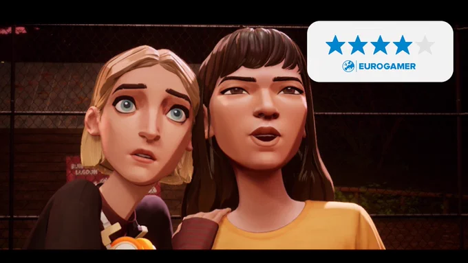 Mixtape's Stacey and Cassandra look up over the camera into the distance, Stacey wide-eyed and Cassandra determined. Eurogamer 4/5