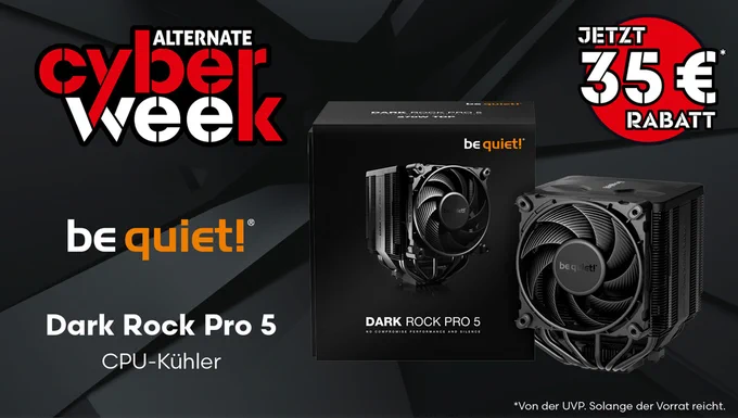 Werbegrafik zur „Alternate Cyber Week“ für einen CPU-Kühler von be quiet!. Zu sehen sind die Verpackung und der schwarze Luftkühler „Dark Rock Pro 5“ mit zwei Lüftern. Oben rechts befindet sich ein roter Kreis mit der Aufschrift „Jetzt 35 € Rabatt“. Unten steht der Text „Dark Rock Pro 5 CPU-Kühler“. Der Hintergrund ist dunkel mit geometrischen Formen im Cyber-Design.