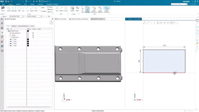 A constrainted sketch in Designcenter NX CAD software next to the example part they are trying to duplicate