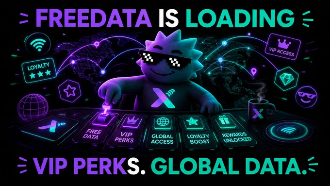 XPINNetwork mascot at a futuristic loyalty rewards console with glowing global data streams, signaling Freedata and VIP perks are loading.