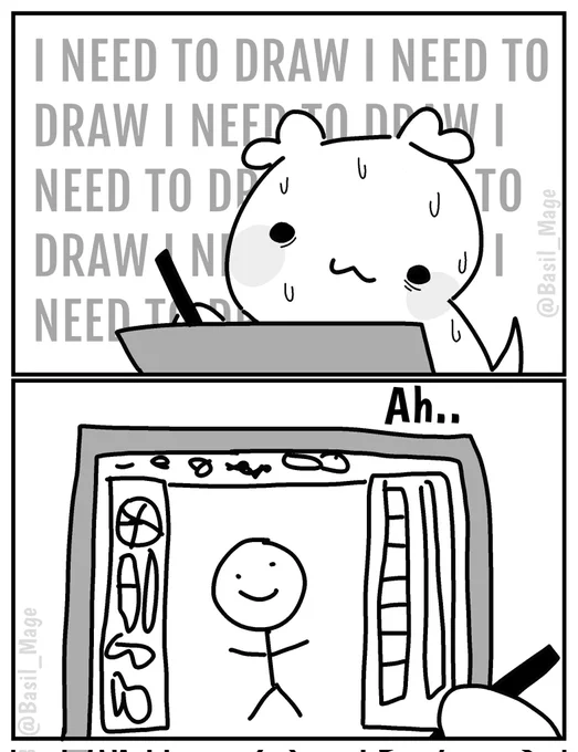 Comic about a puppy having art block, drawing on a drawing tablet while they think "I need to draw" only for the drawing to turn out simplistic 