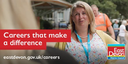 A woman speaks about careers with East Devon District Council, with text 'Careers that make a difference'.