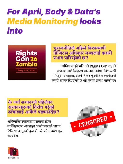 बडी एण्ड डाटाको अप्रिल मिडिया मोनिटरिङ शृङ्खलामा सेतो जानकारीमूलक ग्राफिक। पहिलो खण्डमा "राइट्सकन २६ जाम्बिया, मे ५–८, २०२६" को आधिकारिक ब्यानर देखाइएको छ - गाढा रातो र कालो कार्यक्रम लोगो - पहेँलो पाठ बक्सको छेउमा "भूराजनीतिले अब विश्वव्यापी डिजिटल अधिकार फोरमलाई कसरी प्रभाव पारिरहेको छ?" सोधिएको छ - राइट्सकन २६ को अचानक रद्दले कसरी राजनीतिक र कूटनीतिक स्वार्थहरूले विश्वव्यापी डिजिटल शासनलाई आकार दिइरहेका छन् भनेर कसरी प्रकट गरिरहेको छ भनेर छलफल गर्दै। दोस्रो खण्डमा "के नयाँ सरकारले पहिले विरोध गरेको पूर्व सरकारहरूले जस्तै ढाँचा पछ्याउँदैछ?" शीर्षकको साथ बोल्ड रातो "सेन्सर गरिएको" लेबलले छापिएको पिक्सेलेटेड, धमिलो अनुहार प्रस्तुत गरिएको छ - अभिव्यक्ति स्वतन्त्रता र अनलाइन आलोचनालाई दबाउन डिजिटल कानूनको दुरुपयोग वरिपरि बहसहरूलाई सम्बोधन गर्दै। बडी एण्ड डाटा लोगो तल बायाँतिर छ।