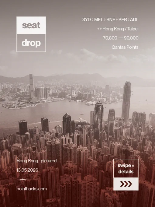 A grayscale image showing an aerial view of Hong Kong's skyscrapers with a hazy skyline. Text on the image includes travel information: "seat drop," flights from several Australian cities to "Hong Kong/Taipei," a range of "70,800 — 90,000 Qantas Points," and date "13.05.2026." Directions to "swipe details" are provided, with the source indicated as "pointhacks.com.