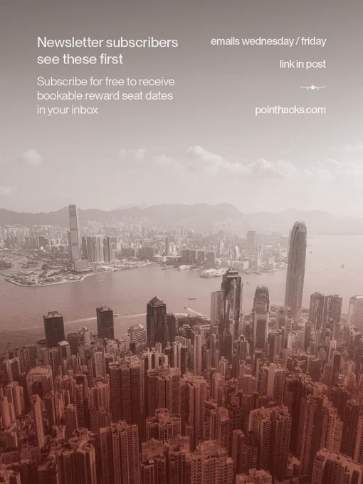 Aerial view of Hong Kong's skyline featuring numerous skyscrapers and Victoria Harbour, shrouded in light haze. Text overlay promotes subscribing to a newsletter from pointhacks.com for updates on bookable reward seat dates, with emails sent on Wednesdays and Fridays.