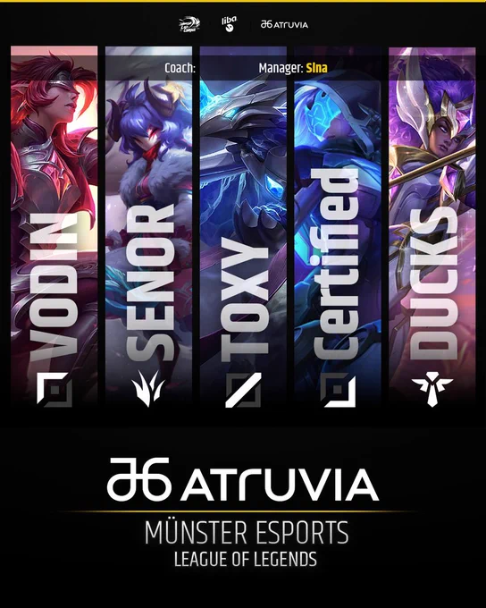 Roster announcement graphic, featuring colored accents in the Münster Esports yellow.

Starting in the bottom third, a big Atruvia-Logo along with the text "Münster Esports League of Legends" reveals that the team name is be Atruvia Münster Esports. The top part of the graphic is divided into five columns, one for each player, featuring their nickname, the icon for their role and a champion splashart of their choosing:
Top - Vodin - Broken Covenant Riven
Jungle - Senor - Spirit Blossom Kindred
Midlane - TOXY - Blackfrost Anivia
Botlane - Certified - Project Ashe
Support - Ducks - Star Guardian Rell

At the top of the graphic, the team's staff is announced: Manager: Sinacso And as a header line, you can see the logos of our sponsors LanCampus, Liba and Atruvia