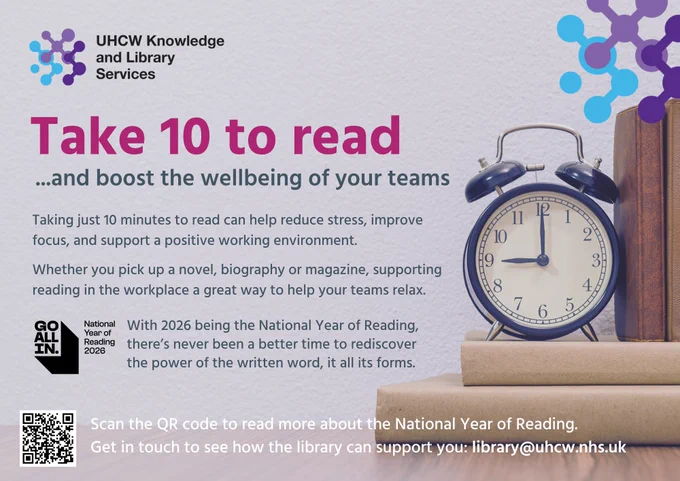 Image of a stack of beige and brown books against a beige background, ordered around an old-fashioned alarm clock. Overlayed text prompts the reader to "Take 10 to read" - that is, the find 10 minutes in the day to read for pleasure and boost their wellbeing.