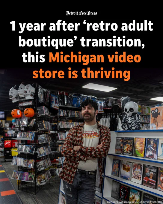Doran Konja, owner of Occult83, stands inside his video store in Dearborn Heights on Thursday, April 16, 2026. The shop has evolved as physical media declines, shifting toward collectibles and niche retail. Photo by David Rodríguez Muñoz, Detroit Free Press