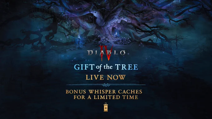 A dark, ancient Tree of Whispers towers over a fog-filled forest clearing, its massive, twisted branches stretching wide against a blue and violet night sky. Small hanging charms and severed tokens dangle from the limbs, catching faint, ghostly light. At the base of the tree, clusters of candles flicker around a ritual-like mound, casting a cold glow across tangled roots and mist-covered ground. The scene is moody and atmospheric, bathed in eerie blue illumination that contrasts with deep shadows. Centered over the image is the Diablo IV logo, with text reading \u201CGift of the Tree. Live Now.\u201D and \u201CBonus Whisper Caches for a Limited Time.\u201D