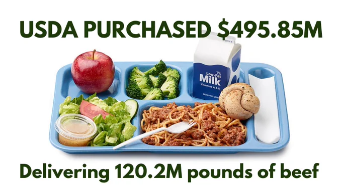 A school lunch tray features an apple, broccoli, milk carton, salad with dressing, and spaghetti with meat sauce. Text states: "USDA PURCHASED $495.85M Delivering 120.2M pounds of beef.