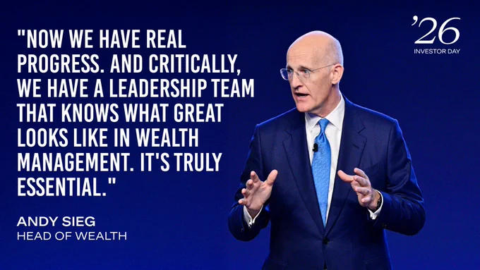 Graphic featuring an image of Andy Sieg speaking on stage, the Investor Day logo, Sieg's title (Head of Wealth) and the following quoted text: \"Now we have real progress. And critically, we have a leadership team that knows what great looks like in wealth management. It's truly essential.\"