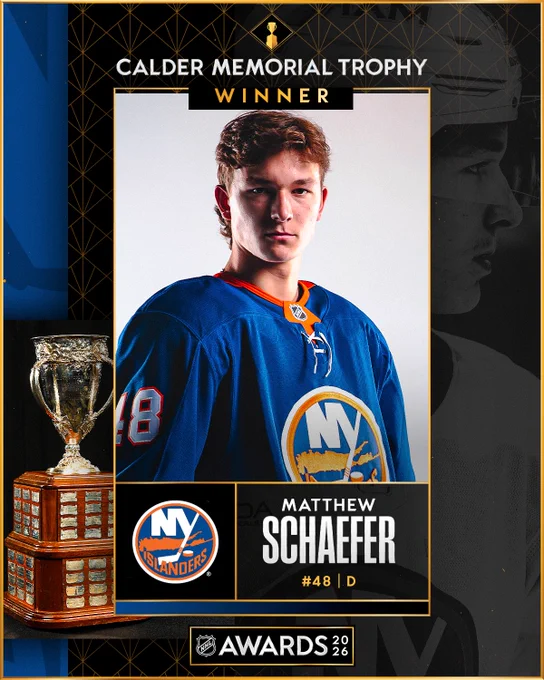 Text surrounding a photo of Matthew Schaefer and the Calder Trophy with text that reads, \"Calder Memorial Trophy Winner - Matthew Schaefer, No. 48, D\". 