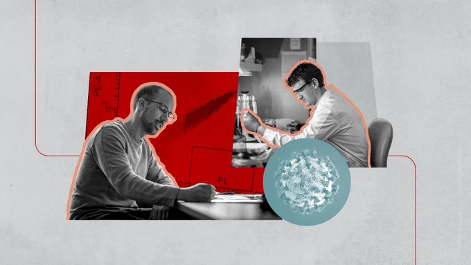 Two people in a collage: one is sitting and working at a desk, the other is in a lab setting examining a sample. A scientific illustration of a virus appears in the foreground. The background features red and gray geometric designs.