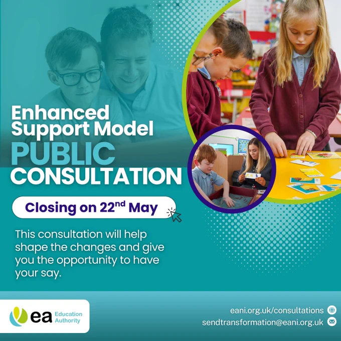 Children engaged in educational activities with text about a public consultation on the Enhanced Support Model closing May 22nd.