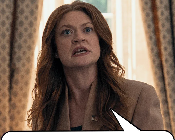 Ashley Barrett in Season 5, Episode 7 of The Boys. She’s standing in the Oval Office with a concerned look on her face. A speech bubble is towards the bottom leading to the tweet being quoted