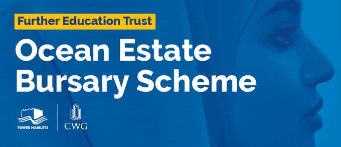 Ocean Estate Bursary Scheme banner with text and a profile of a young woman in a hijab.