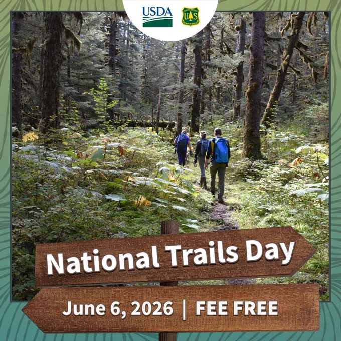 Photo of people hiking with "National Trails Day June 6, 2026 | FEE FREE.
