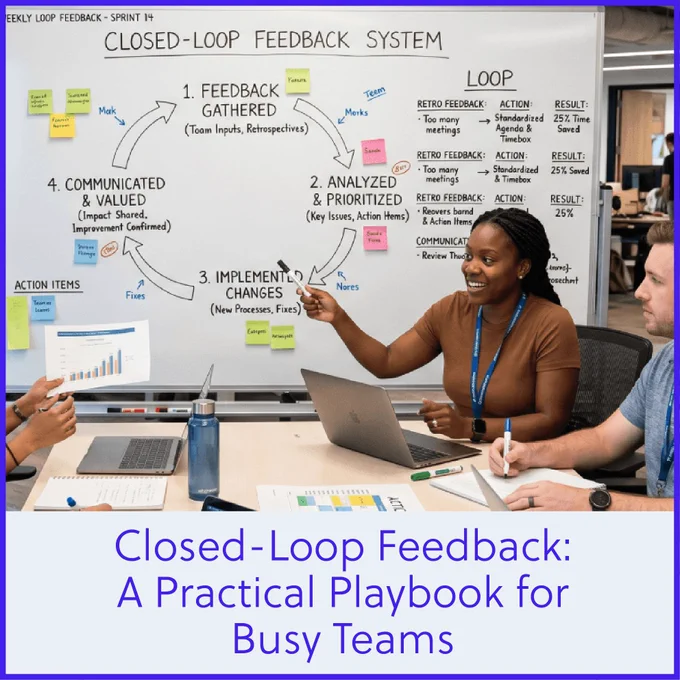 People in a business meeting with a white board in the background displaying the closed-loop feedback system.
